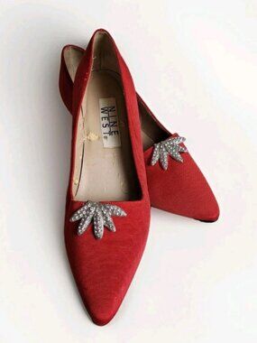 Nine West Pumps Women's Size 10 Shoes Rhinestones Fire Engine Red Fabric Heels